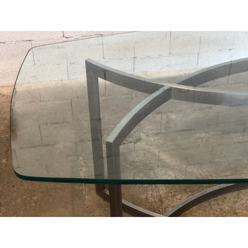 Vintage oval table in glass and chrome steel by Paul Legeard for Dom, 1970