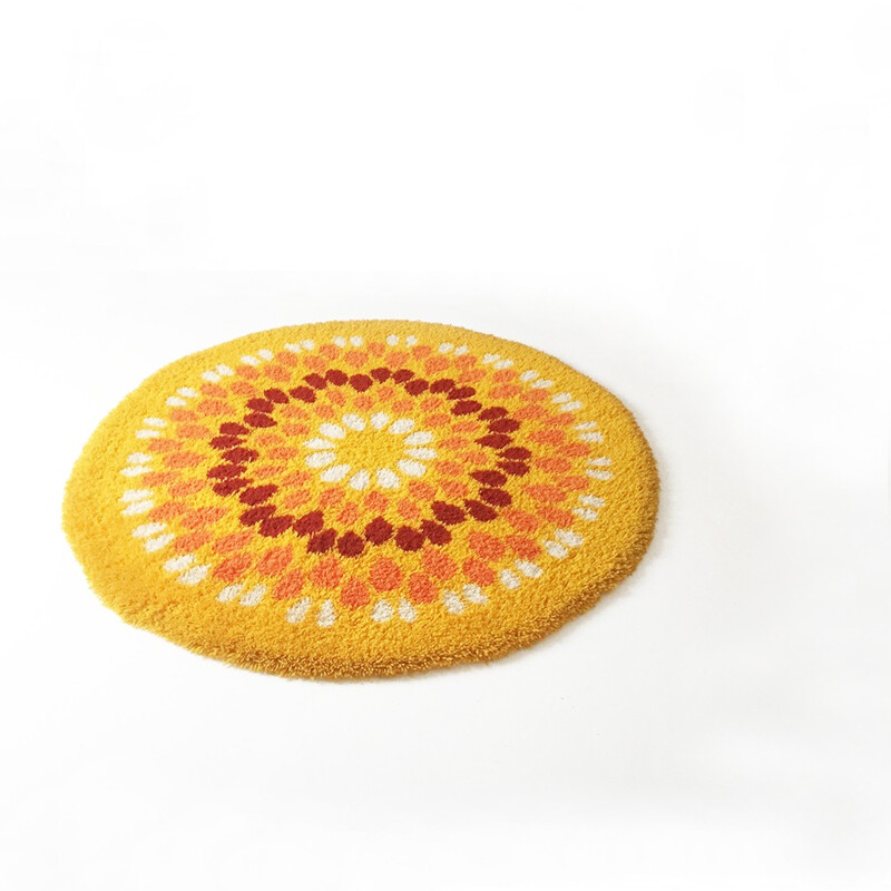 Vintage circular pop art rug on wool - 1970s