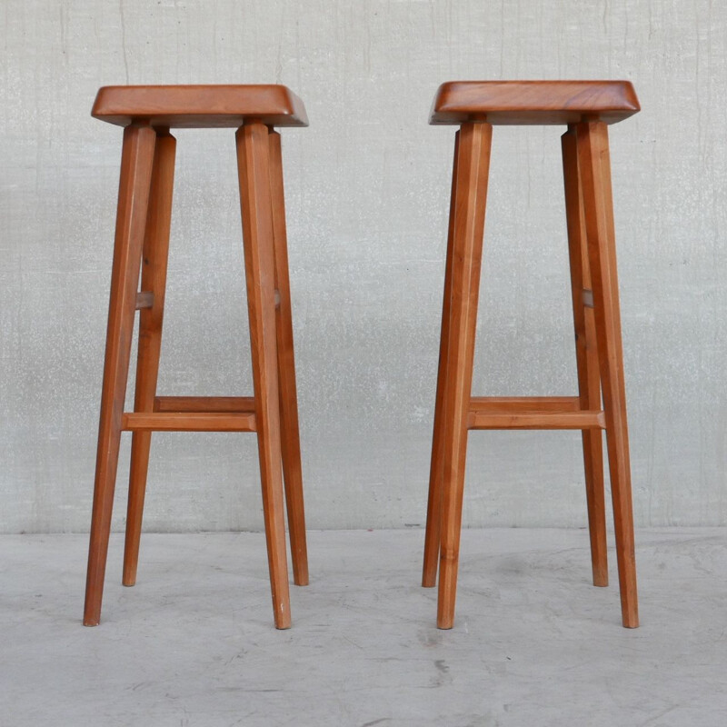 Pair of mid-century elmwood bar stools by Pierre Chapo, France 1970s