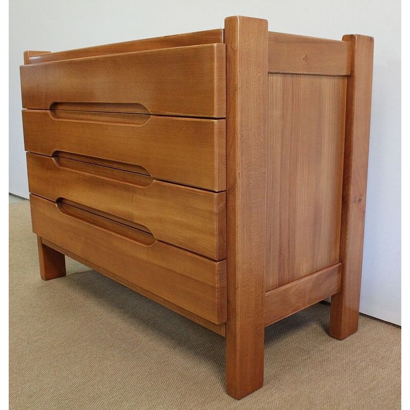 Vintage blond elmwood chest of drawers by Maison Regain, 1970