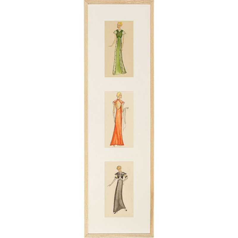 Vintage Art Deco gouache "Fashion Illustration IV" em papel, 1920