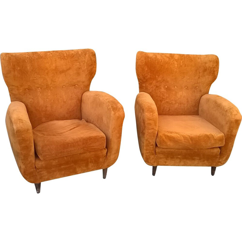 Pair of vintage velvet orange armchairs by Paolo Buffa, 1940s