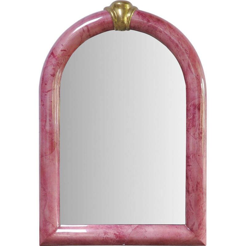 Miroir vintage en peau de chèvre laquée rose par Karl Springer, 1970