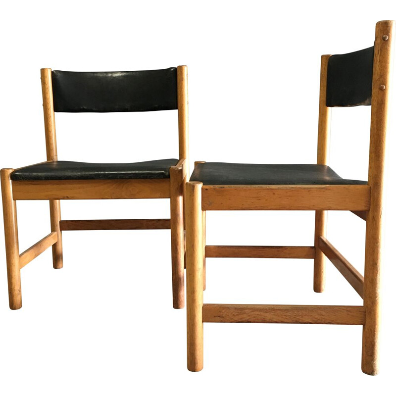 Pair of vintage oakwood with leather dining chairs by Børge Mogensen for Karl Andersson & Söner