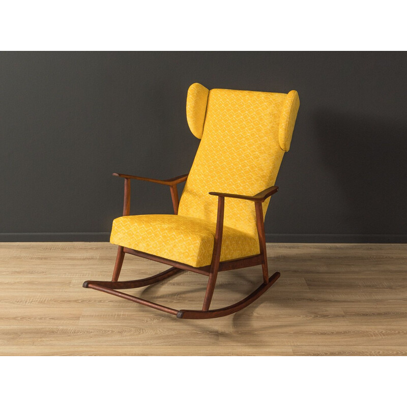 Vintage solid wood and yellow fabric rocking chair, Germany 1950s