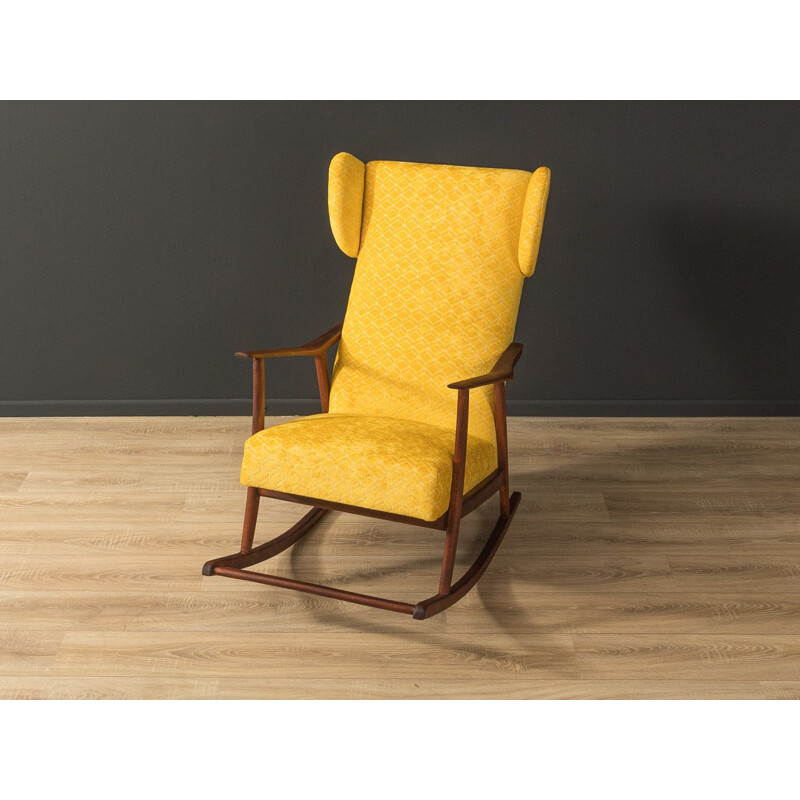 Vintage solid wood and yellow fabric rocking chair, Germany 1950s