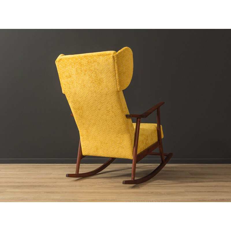 Vintage solid wood and yellow fabric rocking chair, Germany 1950s