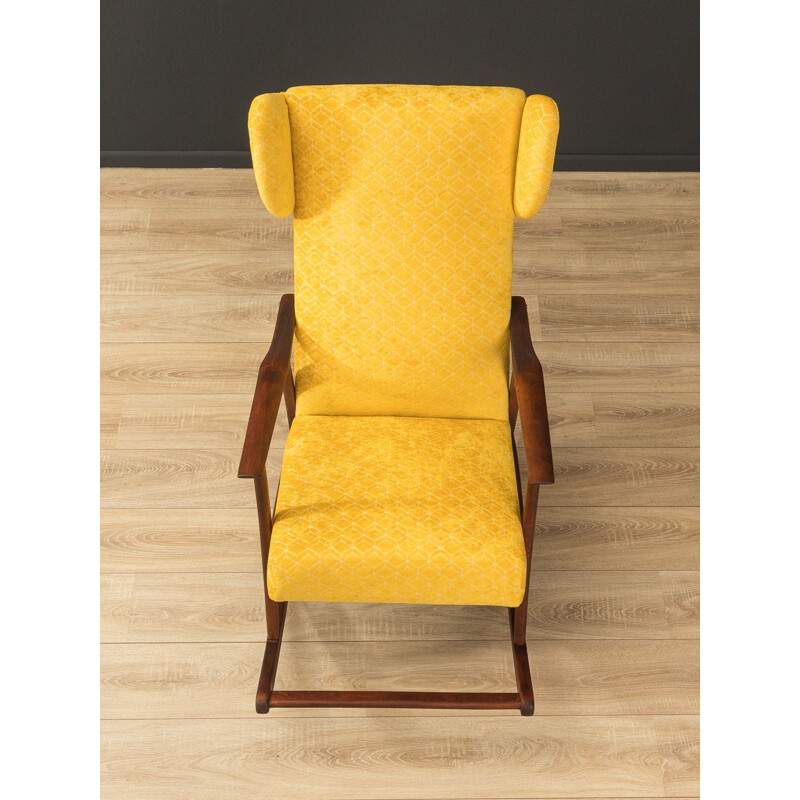 Vintage solid wood and yellow fabric rocking chair, Germany 1950s