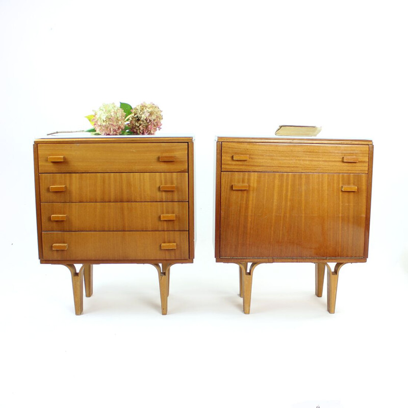 Pair of vintage night stands with white opaline glass tops, Czechoslovakia 1960s