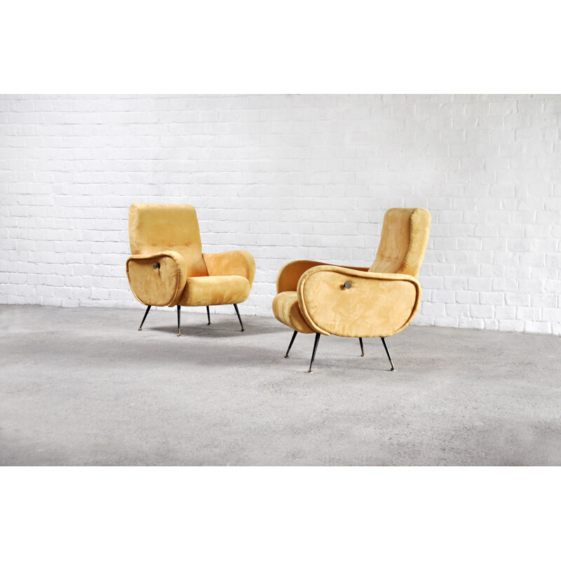 Pair of vintage recliners in yellow velvet by Marco Zanuso, Italy 1950