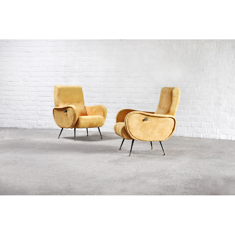 Pareja de sillones reclinables vintage en terciopelo amarillo de Marco Zanuso, Italia 1950