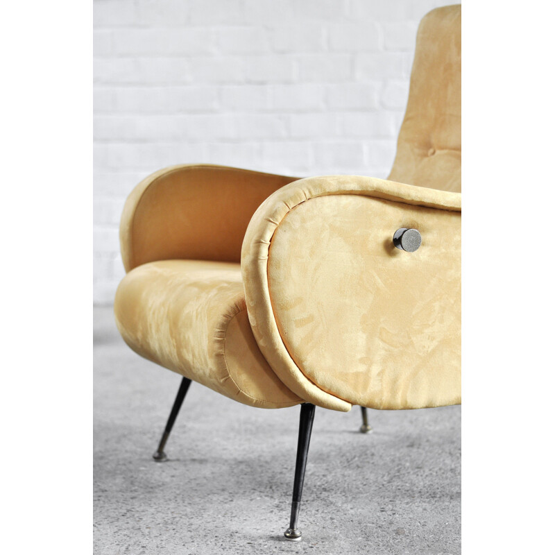 Pareja de sillones reclinables vintage en terciopelo amarillo de Marco Zanuso, Italia 1950