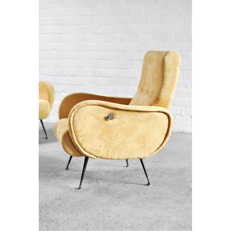 Paire de fauteuils inclinables vintage en velours jaune par Marco Zanuso, Italie 1950