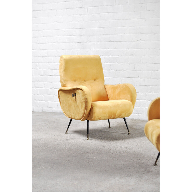 Pair of vintage recliners in yellow velvet by Marco Zanuso, Italy 1950