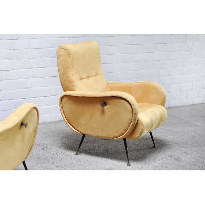 Paire de fauteuils inclinables vintage en velours jaune style Marco Zanuso, Italie 1950