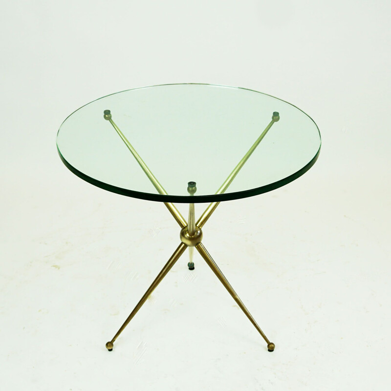 Table basse circulaire vintage en laiton et verre, Italie 1950