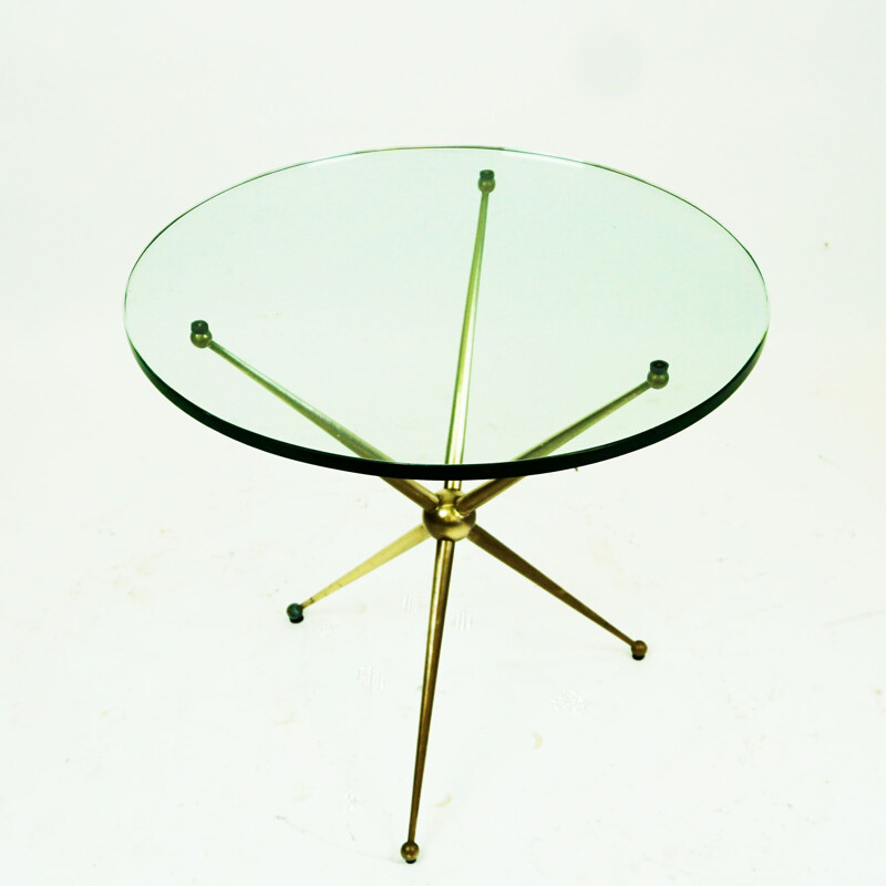 Vintage ronde salontafel van messing en glas, Italië 1950