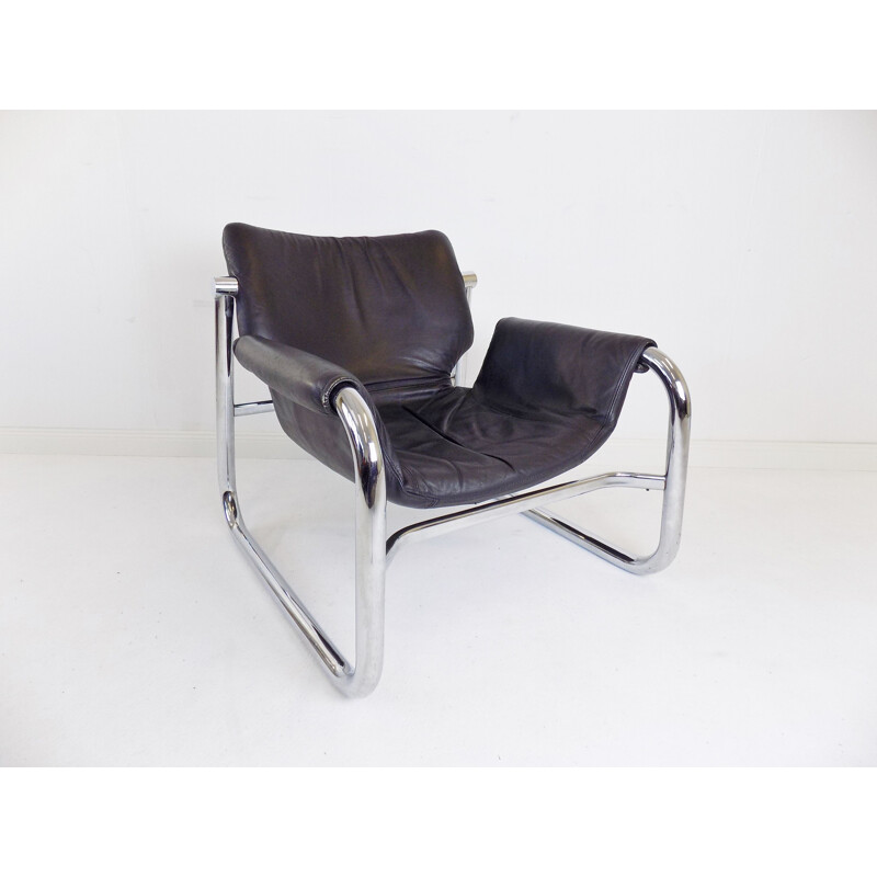 Vintage Alpha Sling leather armchair by Maurice Burke for Pozza Brasil, 1960s