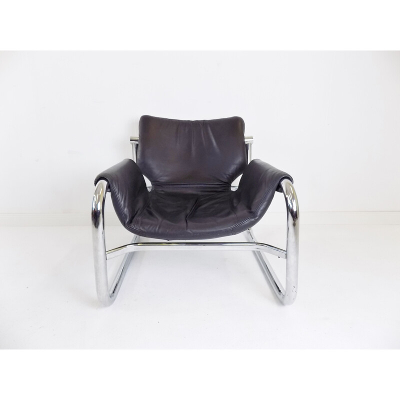 Vintage Alpha Sling leather armchair by Maurice Burke for Pozza Brasil, 1960s