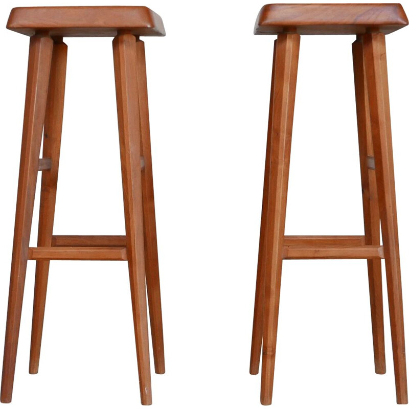 Pair of mid-century elmwood bar stools by Pierre Chapo, France 1970s