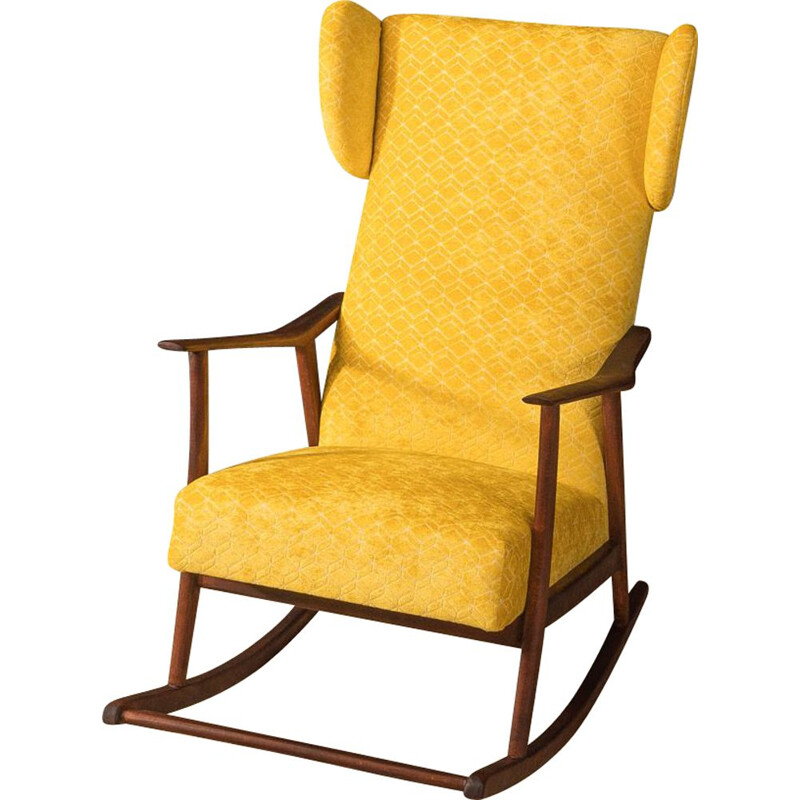 Vintage solid wood and yellow fabric rocking chair, Germany 1950s