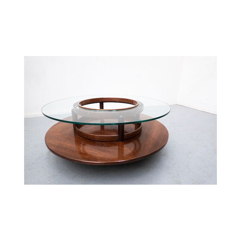 Mid-century round coffee table in teak and glass by Gianfranco Frattini, 1950s
