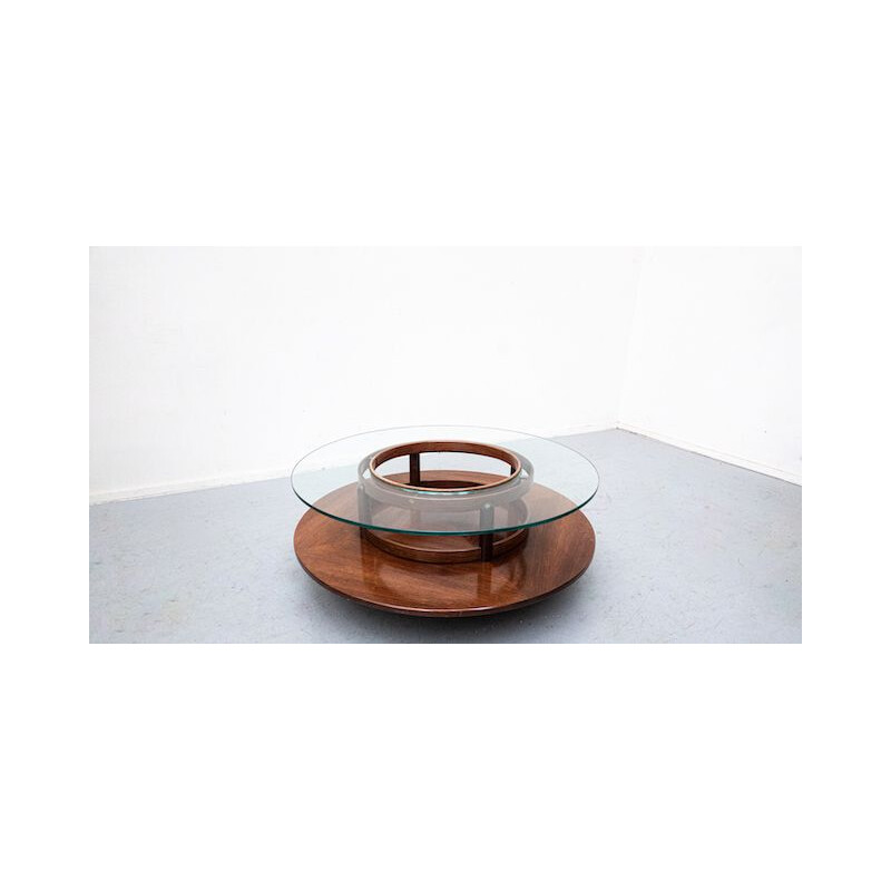 Mid-century round coffee table in teak and glass by Gianfranco Frattini, 1950s