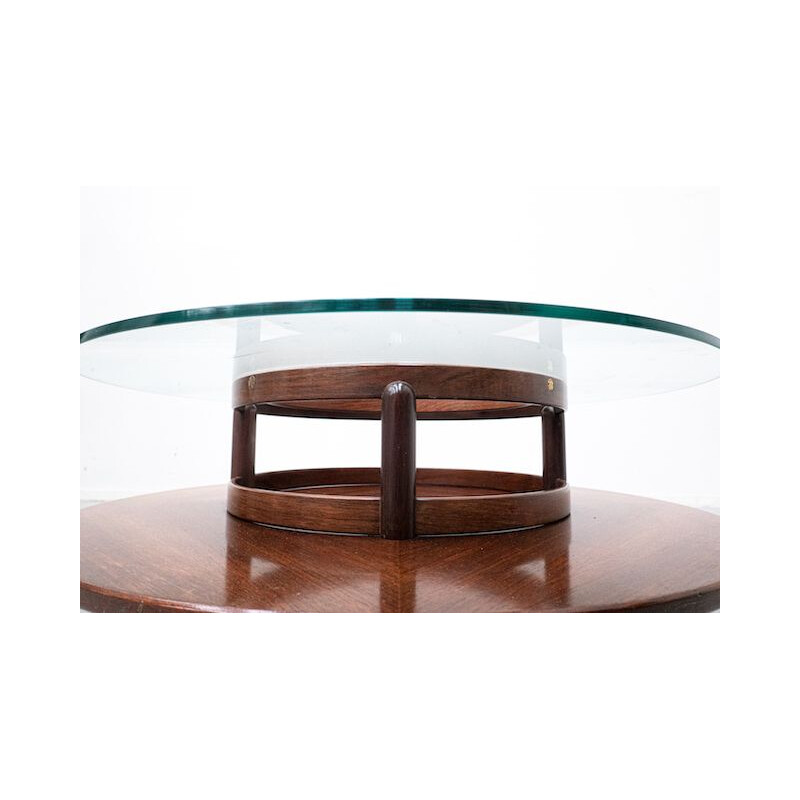 Table basse ronde vintage en teck et verre de Gianfranco Frattini, 1950