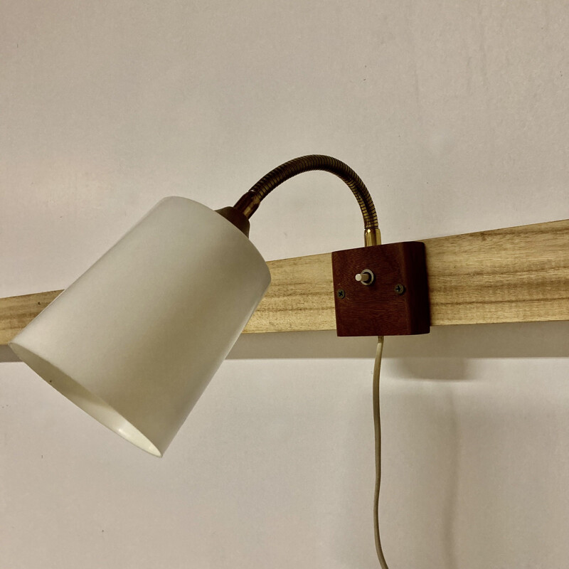 Scandinavian vintage teak and brass wall lamp, 1950