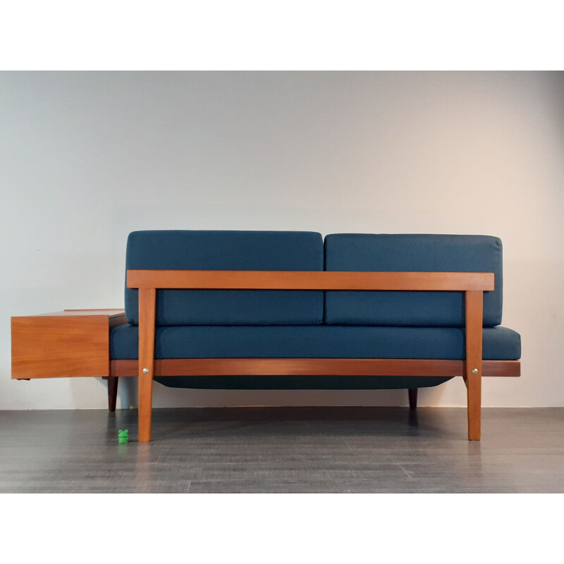 Norwegisches Vintage-Sofa aus Teakholz und blauem Stoff, 1960