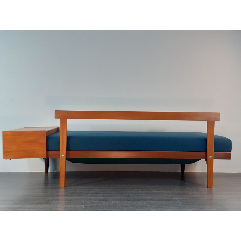 Norwegisches Vintage-Sofa aus Teakholz und blauem Stoff, 1960