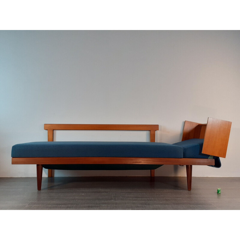 Vintage Norwegian teak and blue fabric sofa, 1960