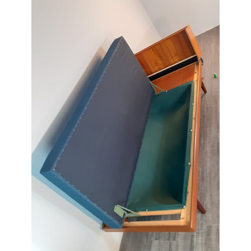 Vintage Noorse teak en blauwe stoffen bank, 1960