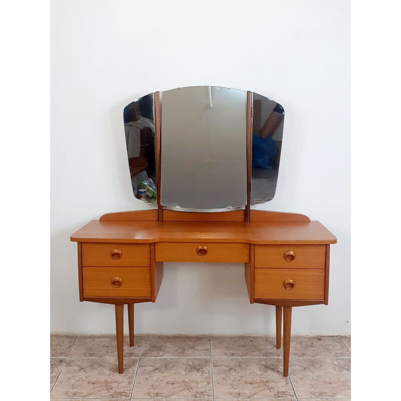 Coiffeuse scandinave vintage en teck avec miroir pivotant en 3 parties