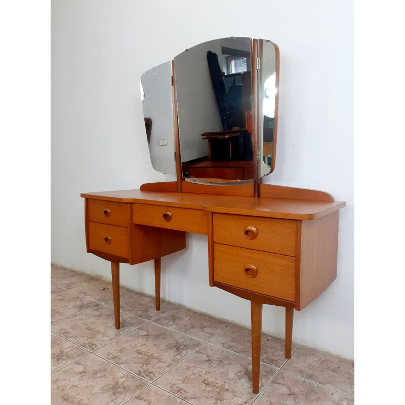 Tavolino da toilette scandinavo vintage in teak con specchio girevole in 3 parti