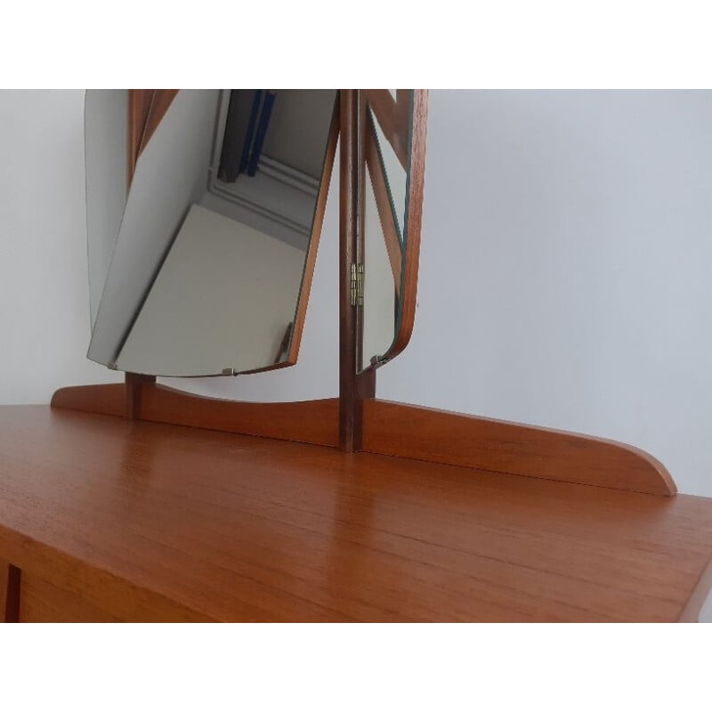 Scandinavian vintage teak dressing table with 3-part swivel mirror