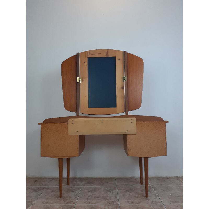 Tavolino da toilette scandinavo vintage in teak con specchio girevole in 3 parti
