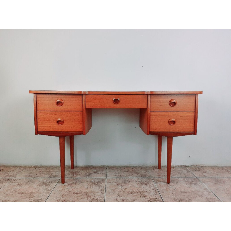 Tavolino da toilette scandinavo vintage in teak con specchio girevole in 3 parti