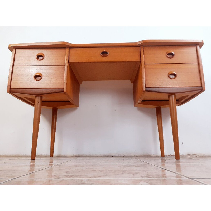 Tavolino da toilette scandinavo vintage in teak con specchio girevole in 3 parti