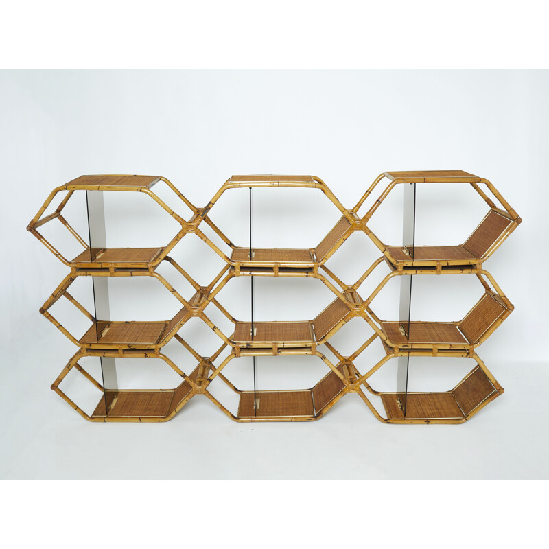 Vintage shelf in bamboo and brass by Purini and Mariani Vivai del Sud, 1976