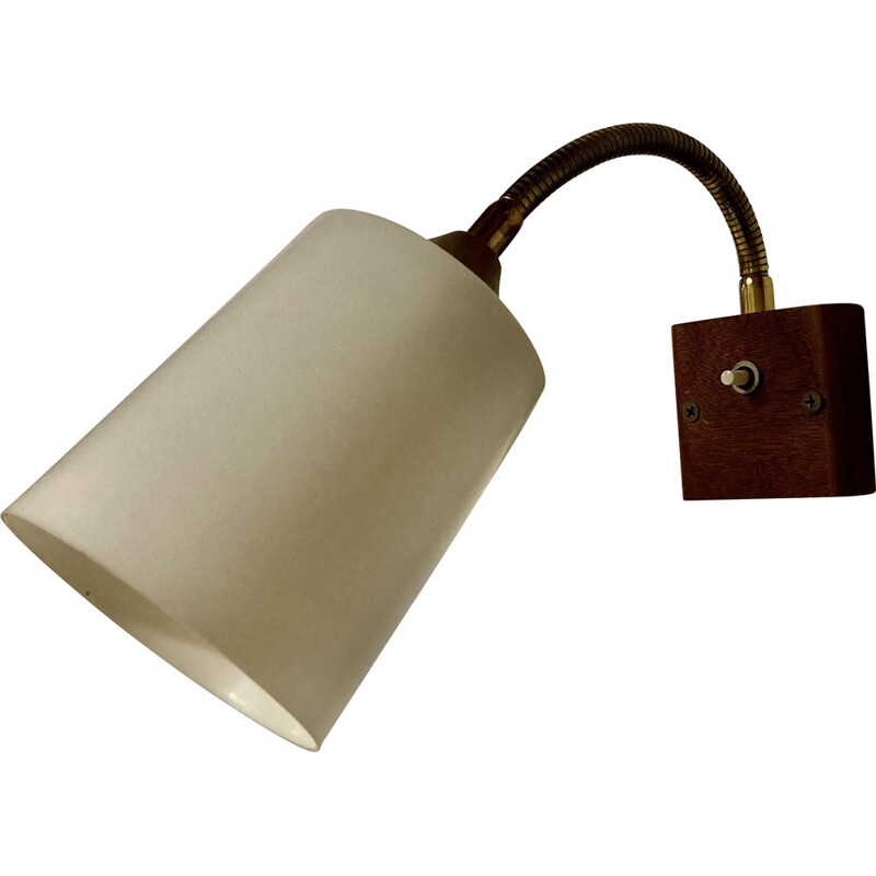 Scandinavian vintage teak and brass wall lamp, 1950