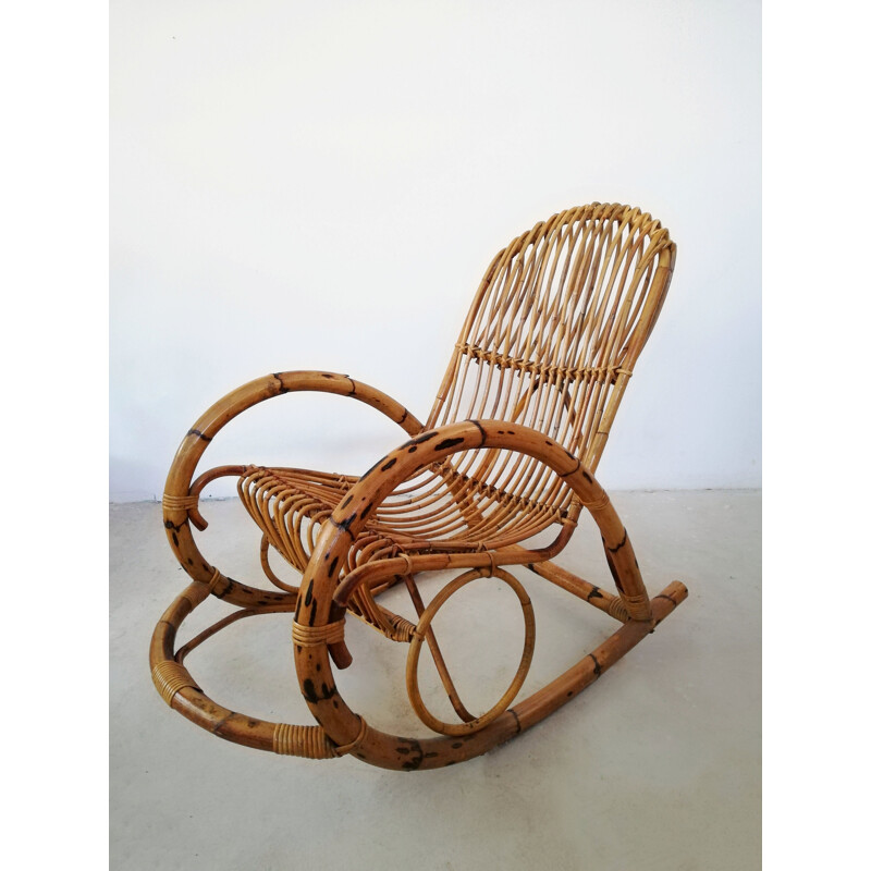Vintage rocking chair in bamboo and midollino, 1960s