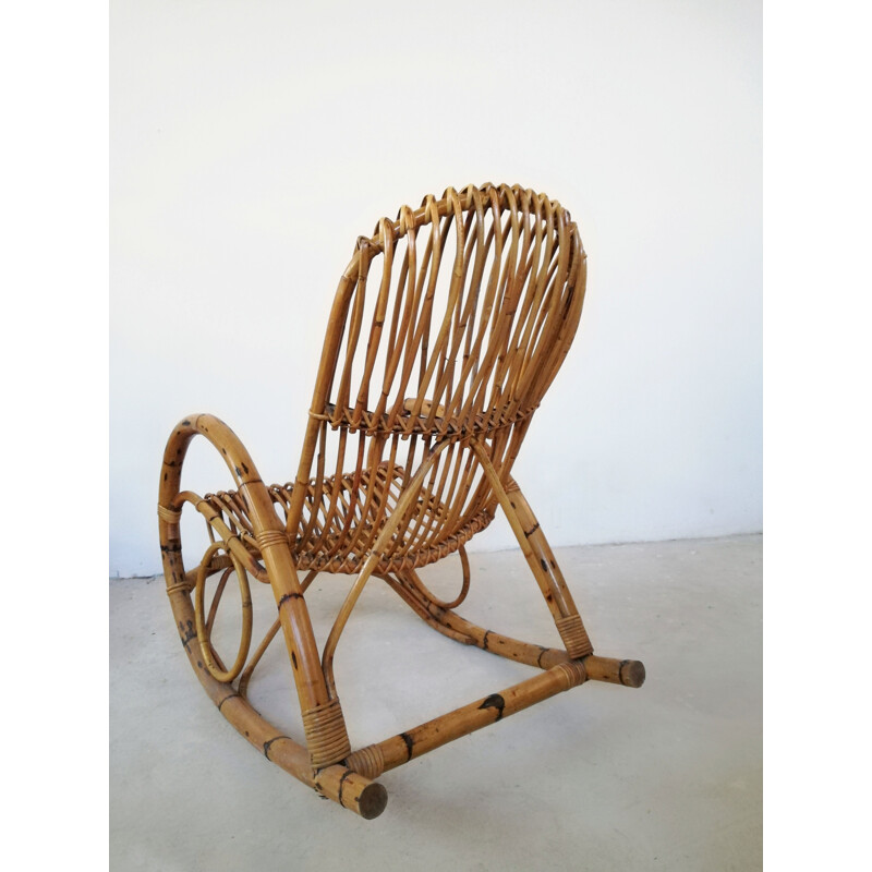 Chaise à bascule vintage en bambou et midollino, 1960