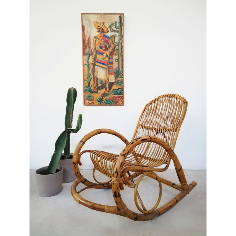 Chaise à bascule vintage en bambou et midollino, 1960