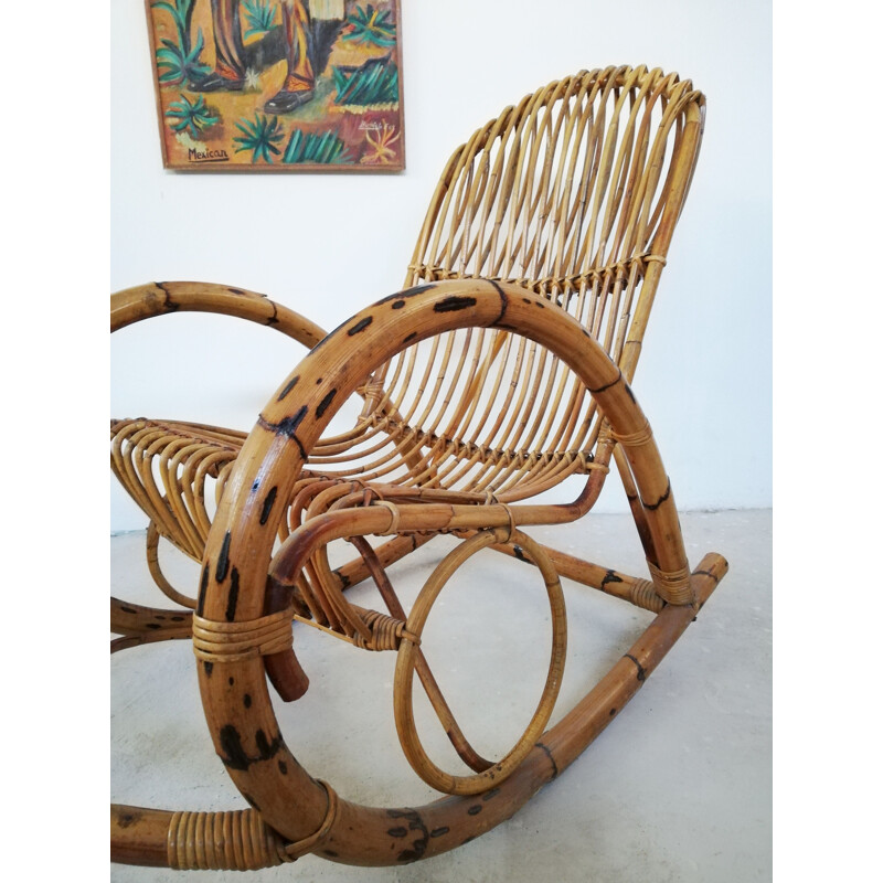 Vintage rocking chair in bamboo and midollino, 1960s