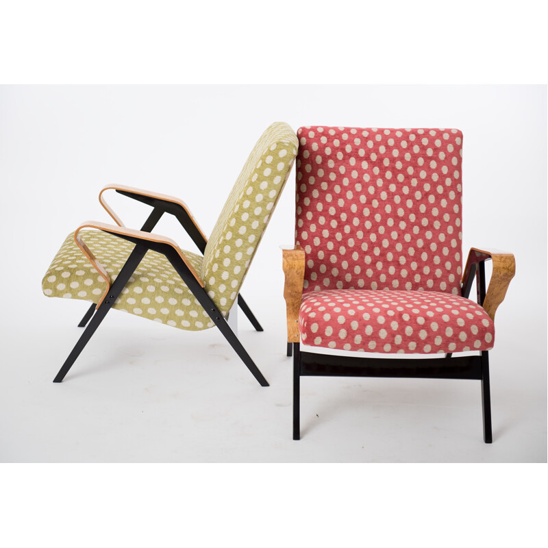 Pair of Tatra armchairs in birch and red and green fabric - 1960s