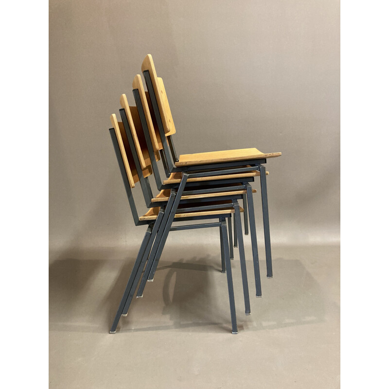 Set of 8 industrial chairs in oakwood and metal, 1960