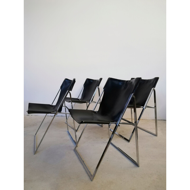 Juego de 4 sillas plegables de cuero vintage de Marcello Cuneo para Amar, 1970