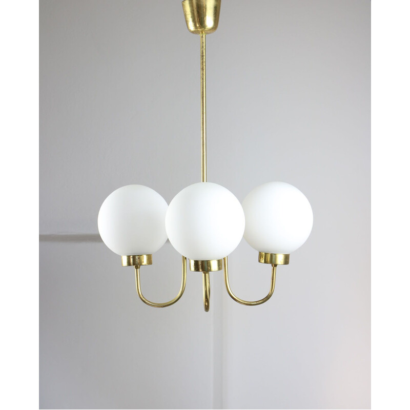 Mid-century brass and opaline glass chandelier