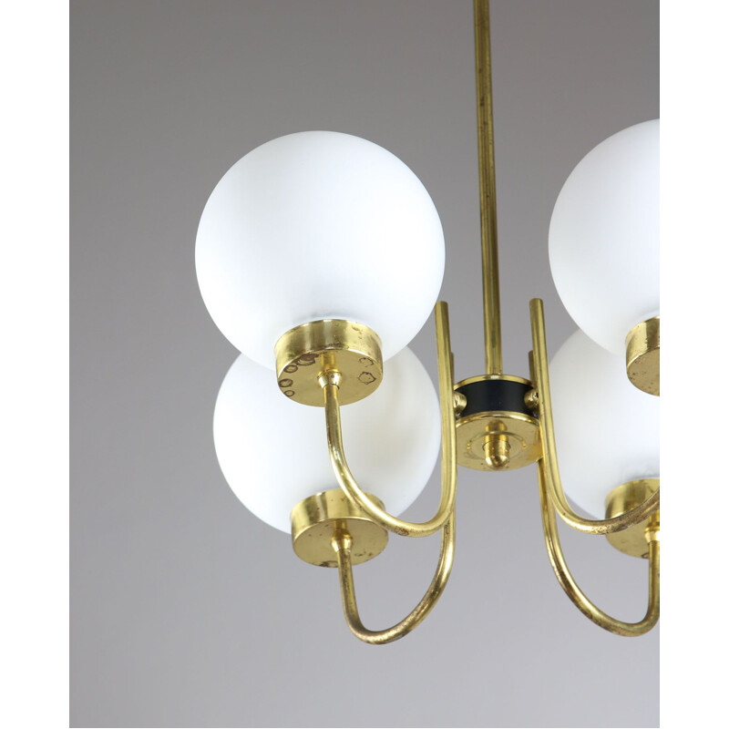 Mid-century brass and opaline glass chandelier